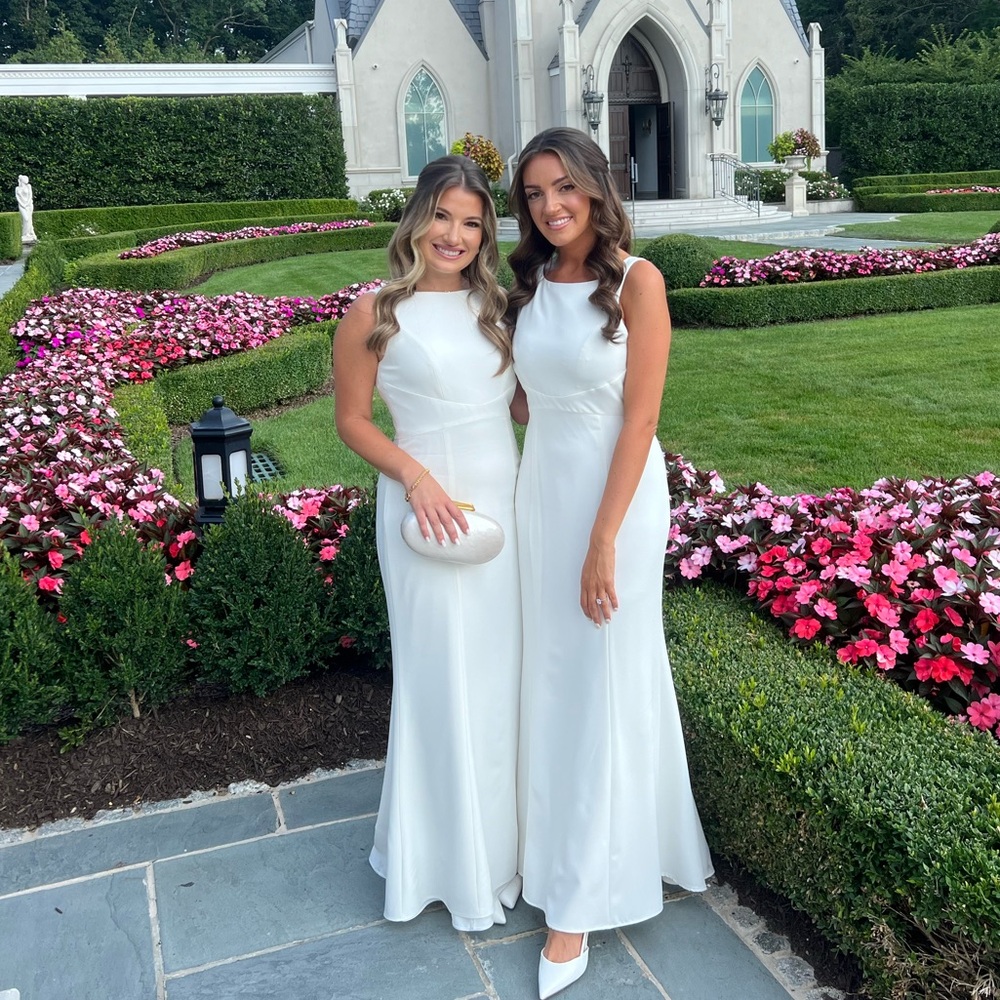 AMSALE Joelle ivory gown, high neck low back size 8 white crepe bridesmaid dress